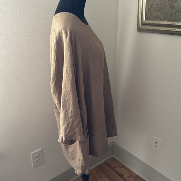 MoSaic USA 100% Linen tan Tunic top 3/4 sleeves blouse round neckline Sz L #2510 - Picture 2 of 5